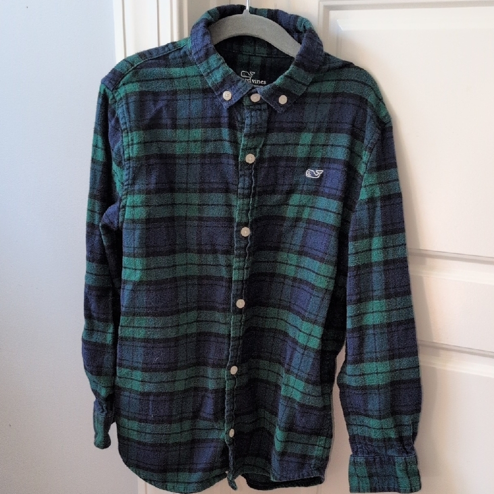 Vineyard Vines Boys Navy and Green Plaid Flannel Shirt - Size 7